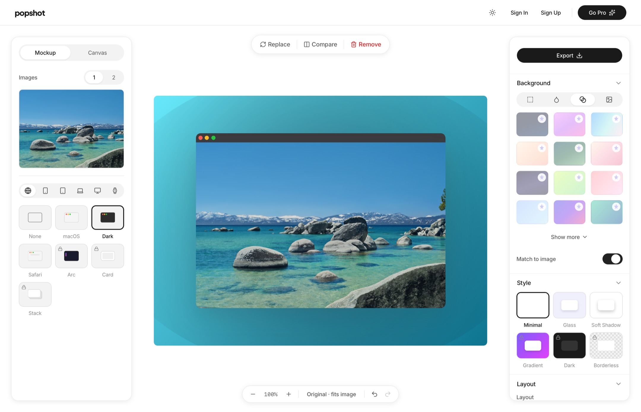 The Popshot editor — a screenshot composed with a color-matched background, a browser frame, and a soft shadow.